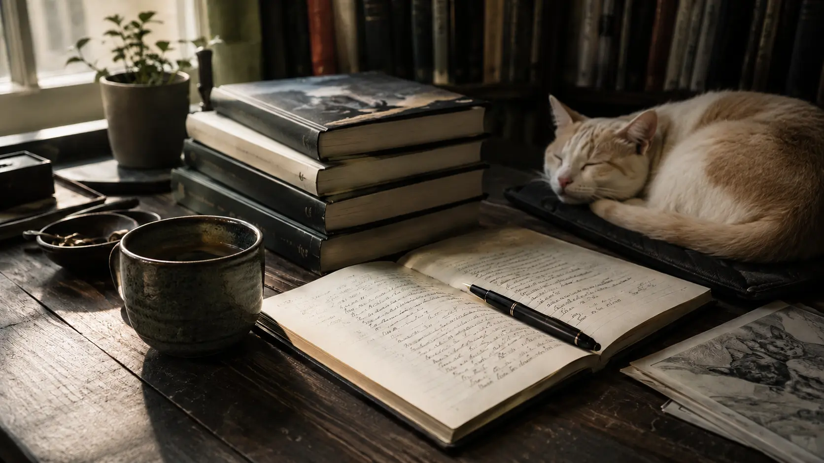 Editorial placeholder image — desk with notebook, coffee and a resting cat.