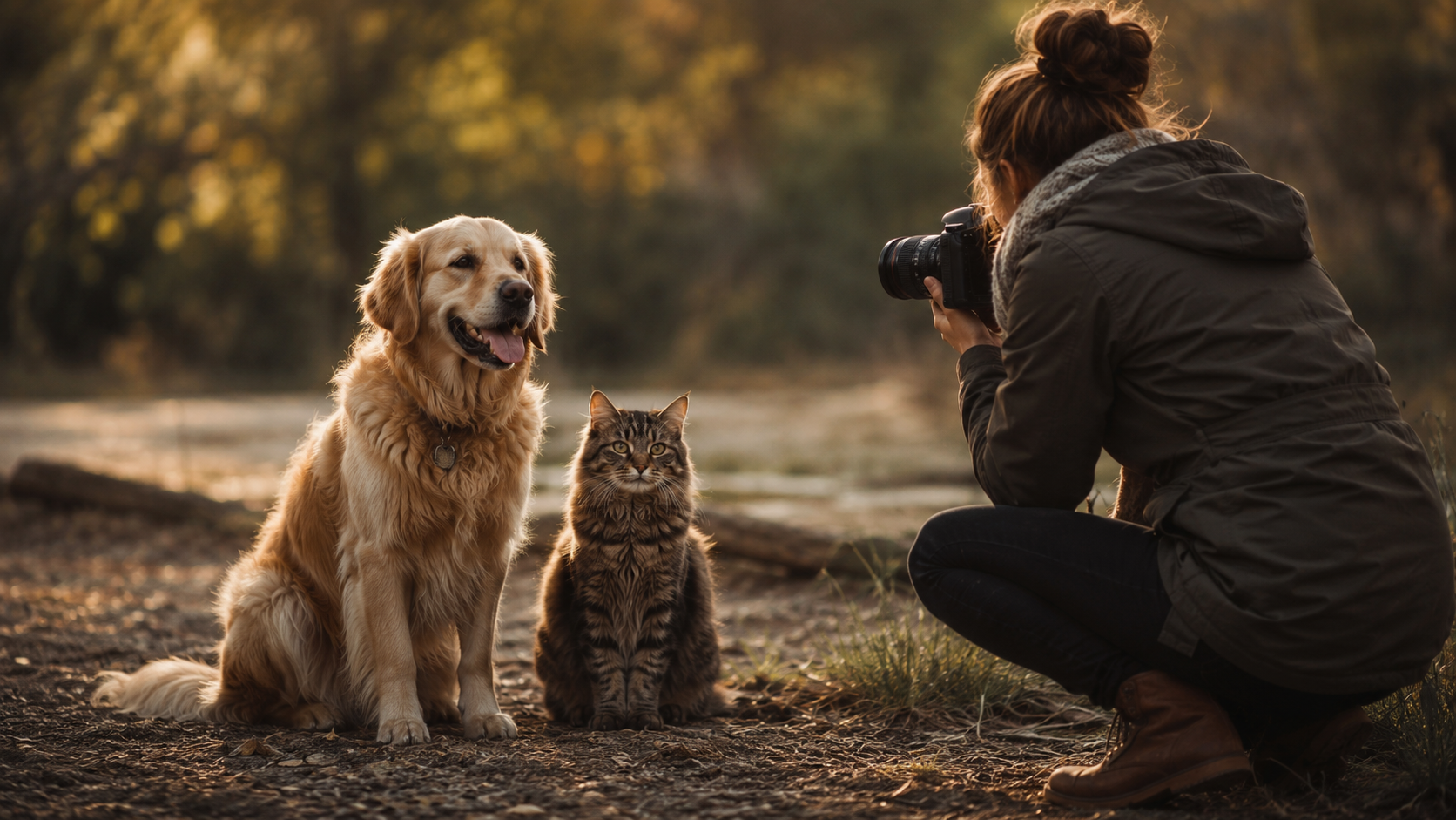 Hannah Vassallo photographing a golden retriever and a tabby cat during an outdoor pet session in Kern County