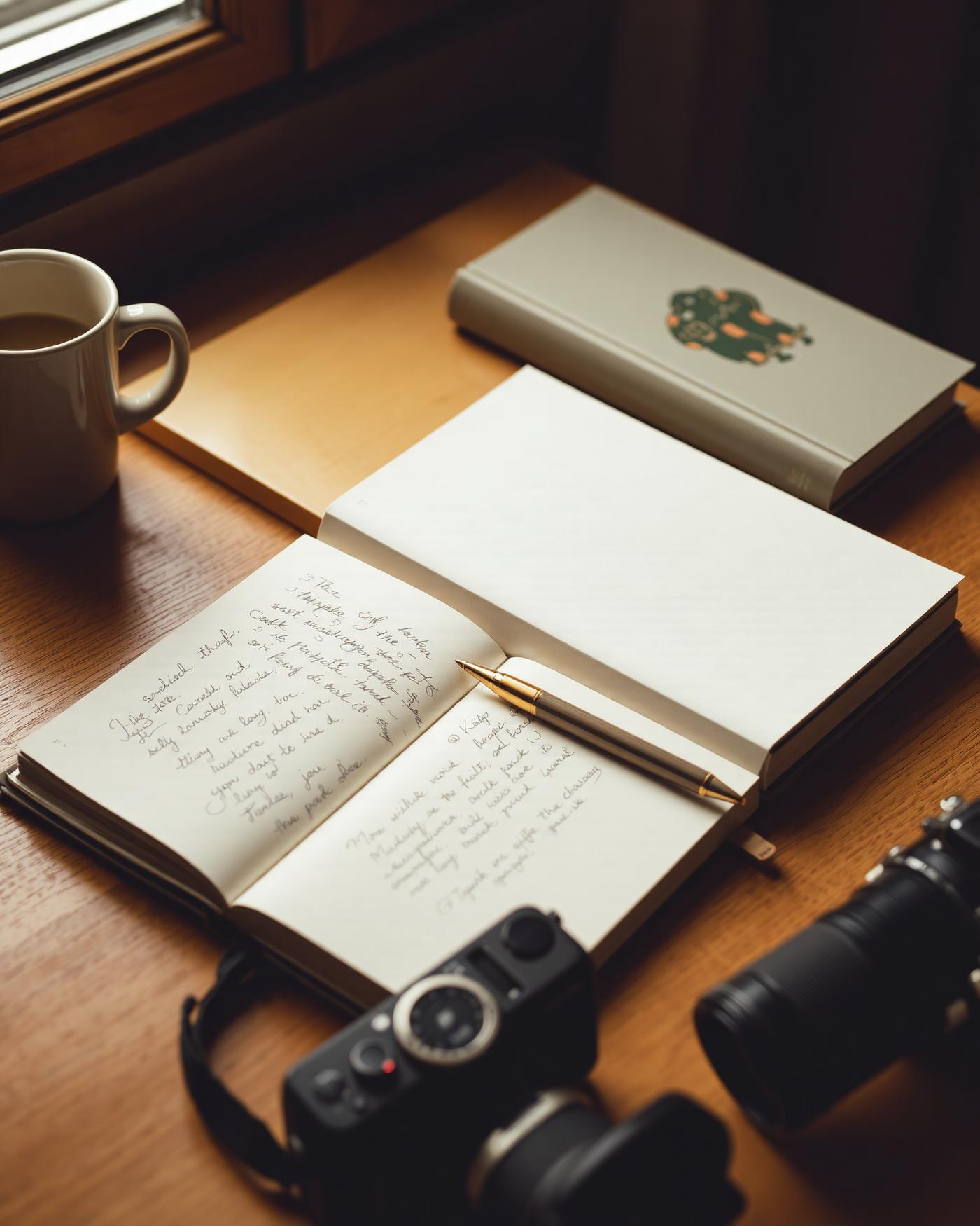 An open notebook with handwriting, a fountain pen, a coffee mug, a hardcover book, and a camera on a warm wooden desk